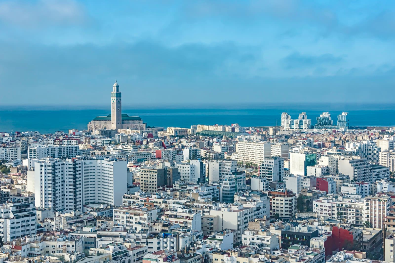 Aerial view of Casablanca with the Hassan II Mosque and the Atlantic Ocean